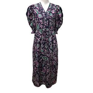 Muveil Stamp Print Dress Womens 38 Small Puff Sleeve Romantic Boho Floral